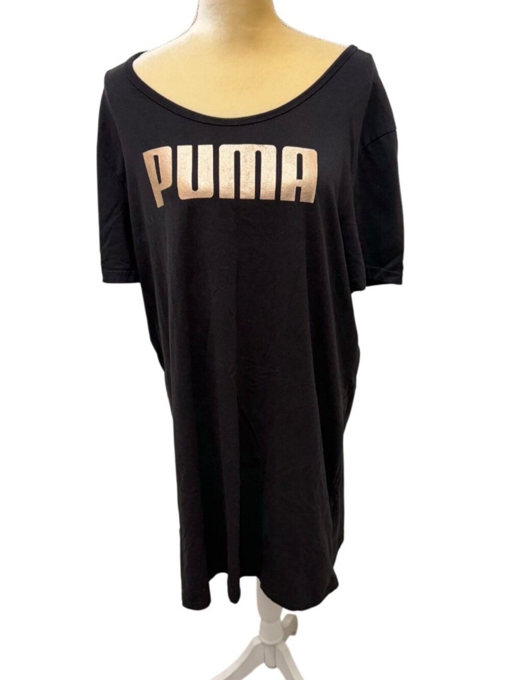PUMA Womens Tan Logo Graphic Black Tee Size 1X Cotton Blend Casual Midi T Shirt